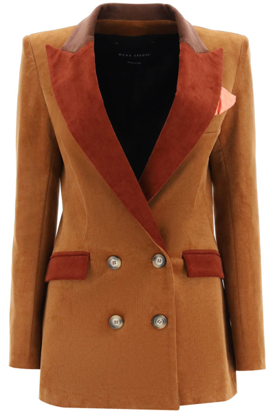 Hebe Studio Contrast-lapel Double-breasted Jacket In Brown