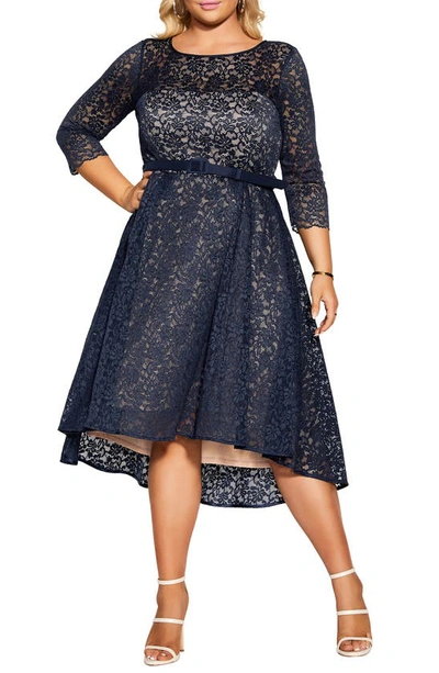 City Chic Belted Lace A-line Dress In Navy