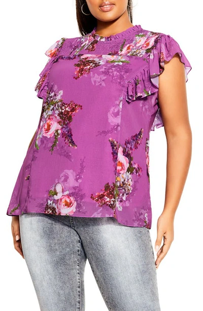 City Chic Nova Floral Smocked Yoke Top In Wisteria Painterly R