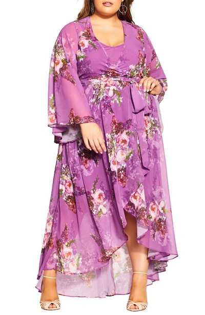 City Chic Nora Floral Long Sleeve Wrap Maxi Dress In Wisteria Painterly R