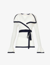 Zimmermann V-neck Self-tie Wool Knitted Top In Cream/navy