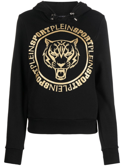 Plein Sport Logo-print Tiger Hoodie In Black