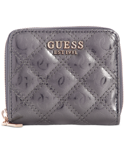 Guess Gaia Quilted Logo Zip Around Wallet In Pewter