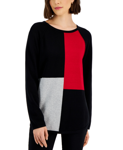 Karen Scott Plus Size Curved Hem Colorblocked Sweater, Created For Macy's In Deep Black