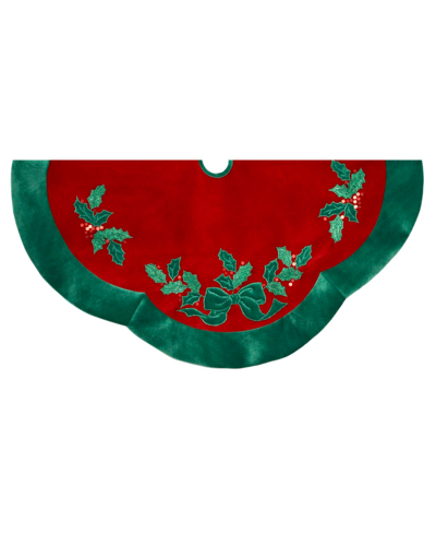 Kurt Adler 48-inch Velvet Red With Green Leaves Applique Tree Skirt