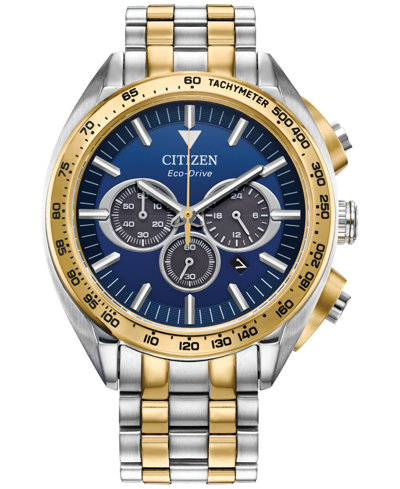 Citizen Eco-drive Men's Chronograph Sport Luxury Two-tone Stainless Steel Bracelet Watch 43mm In Blue