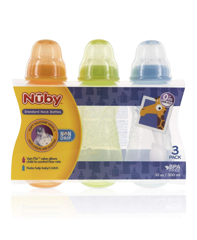 Nuby Babies' Bpa Free Non Drip Bottles, 10oz, 3 Pack, Orange/green/aqua In Assorted Pre Pack