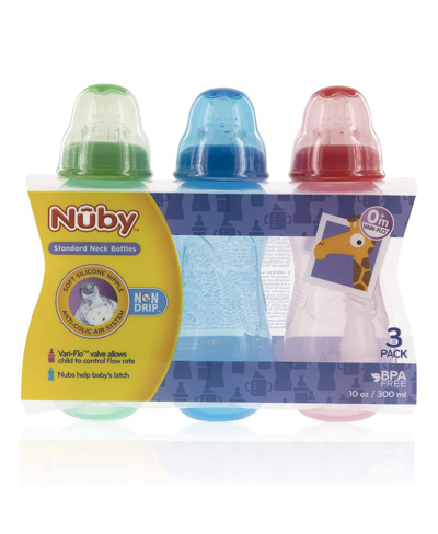 Nuby Babies' Bpa Free Non Drip Bottles, 10oz, 3 Pack, Red/blue/green In Assorted Pre Pack