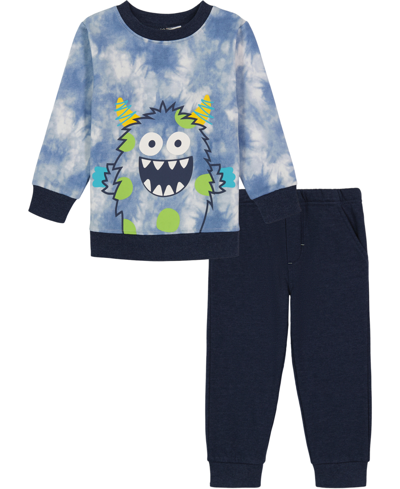 Kids Headquarters Little Boys Fleece Tie-dye Crewneck T-shirt And Joggers, 2 Piece Set In Blue