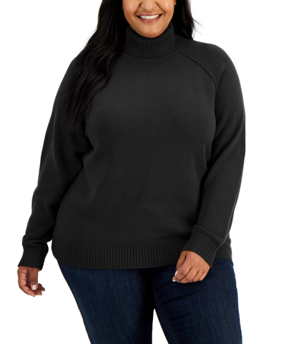 Karen Scott Plus Size Cotton Turtleneck Sweater, Created For Macy's In Deep Black
