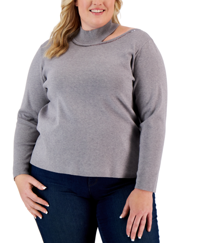 Calvin Klein Plus Size Mock Turtleneck Cutout Sweater In Heather Granite