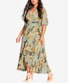 City Chic Magnolia Floral Print Tie Waist Maxi Dress In Green