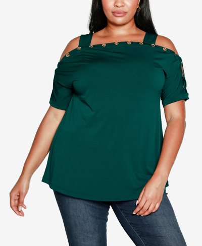 Belldini Plus Size Cold Shoulder Top In Deep Emerald