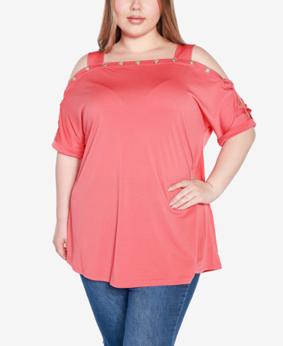 Belldini Plus Size Cold Shoulder Top In Terracotta