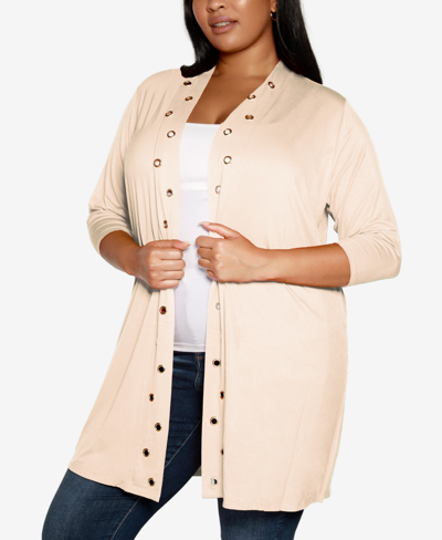 Belldini Plus Size Grommet-trim Open-front Hacci Cardigan In Heather Oatmeal