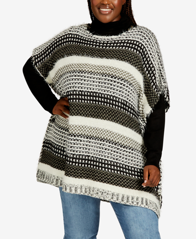 Avenue Plus Size Callie Jacquard Poncho Sweater In Black/ivory Stripe |  ModeSens
