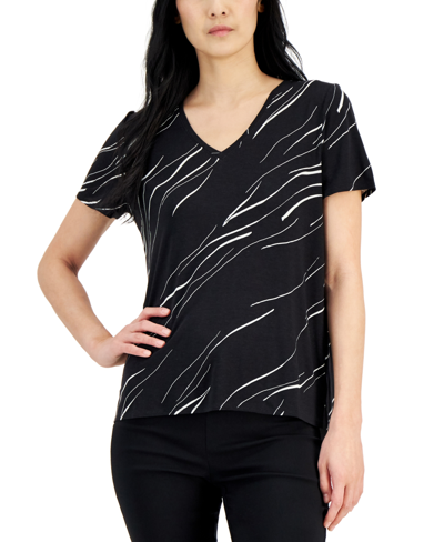 Alfani Women's Printed V-neck T-shirt, Created For Macy's In Black Linear Breeze