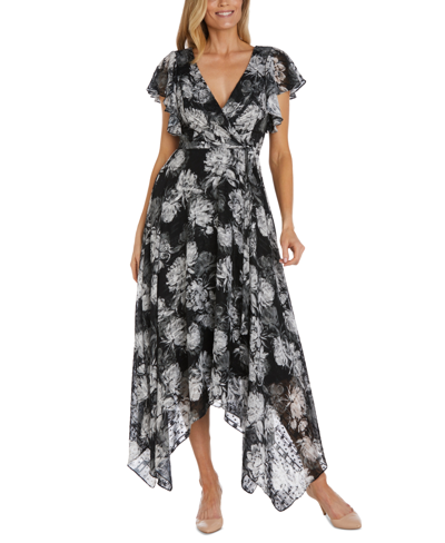 Nightway Women's Floral-print Handkerchief-hem Wrap Dress In Black/white