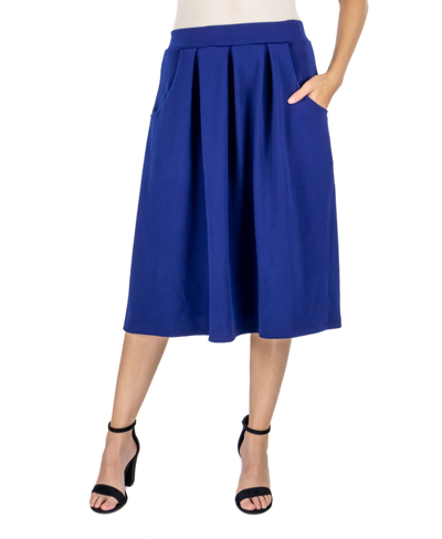 24seven Comfort Apparel Plus Size Elastic Waist Pleated Pocket Midi Skirt In Navy