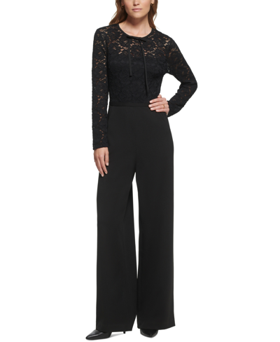 Karl Lagerfeld Women's Lace-bodice Bow-neck Jumpsuit In Soft White Black