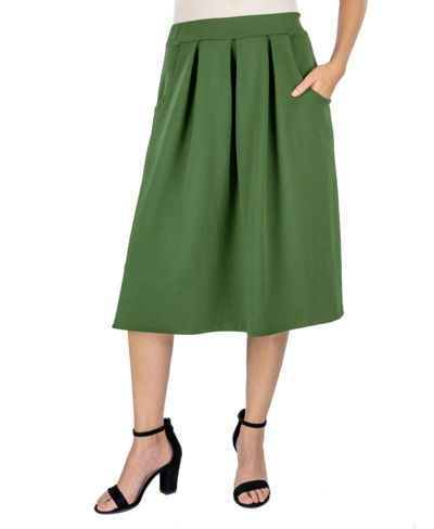 24seven Comfort Apparel Plus Size Elastic Waist Pleated Knee Length Pocket Skirt In Olive
