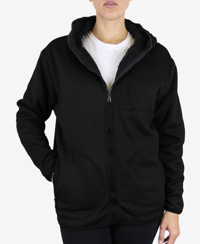 Galaxy By Harvic Women's Loose Fit Oversize Full Zip Sherpa Lined Hoodie Fleece In Black