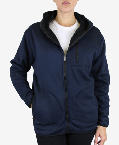 Galaxy By Harvic Women's Loose Fit Oversize Full Zip Sherpa Lined Hoodie Fleece In Navy