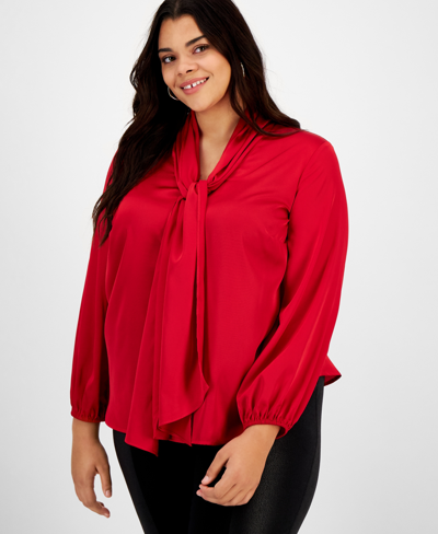 Bar Iii Plus Size Bow-tie Long-sleeve Blouse, Created For Macy's In Red