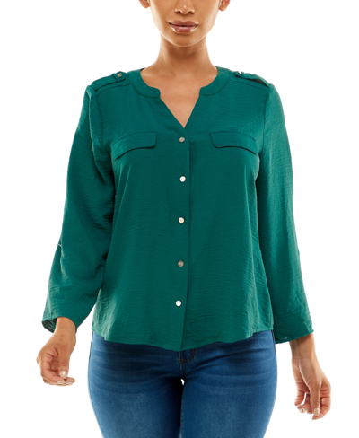 Adrienne Vittadini Women's 3/4 Sleeve Button Up Blouse Top In Storm