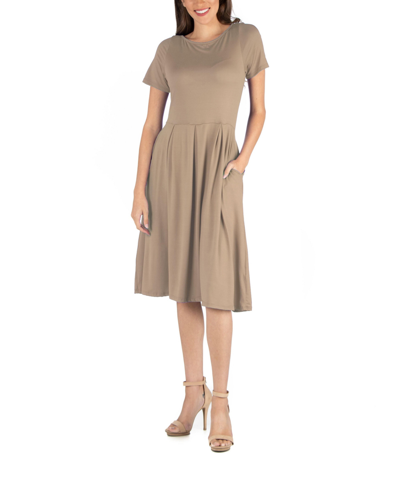 24seven Comfort Apparel Midi Dress With Short Sleeves And Pocket Detail In Taupe