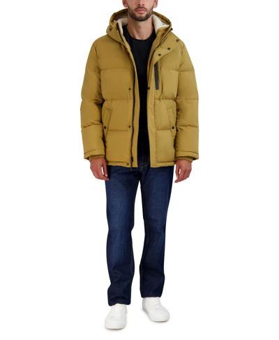 Cole Haan Faux Shearling Lined Hooded Puffer Jacket In Khaki