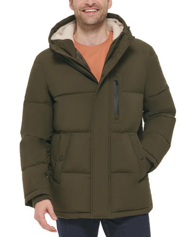 Cole Haan Faux Shearling Lined Hooded Puffer Jacket In Olive