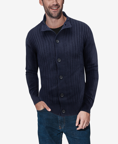 X-ray Men's Button Up Stand Collar Ribbed Knit Cardigan Sweater In Navy