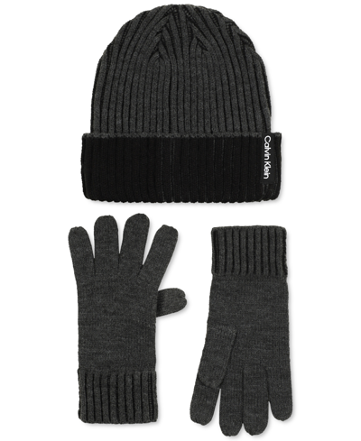 Calvin Klein Men's Double-wide Ribbed Fisherman's Hat & Gloves Set In Gunmetal Heather