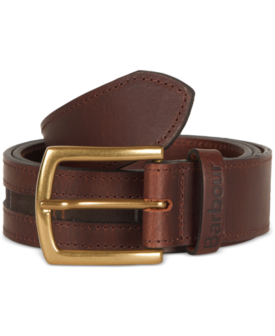 Barbour Men's Leather Belt With Signature Tartan Piped Panel In Brown