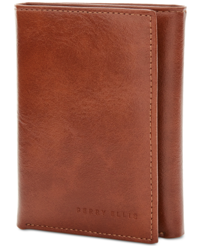 Perry Ellis Portfolio Men's Leather Trifold Wallet In Luggage