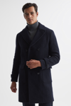 REISS FALL - NAVY DOUBLE BREASTED WOOL BLEND MILITARY OVERCOAT, S
