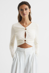 REISS HANNAH - CREAM RING FRONT CROP TOP, UK X-SMALL