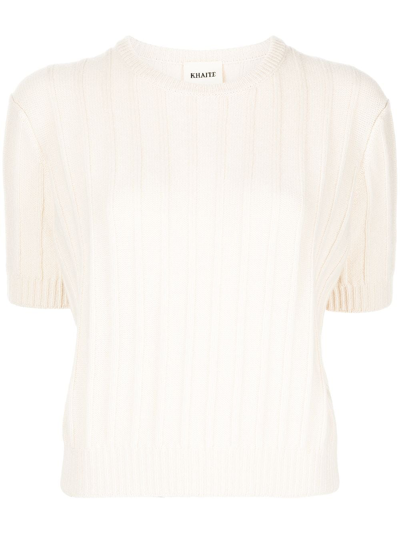 Khaite Cashmere Cable-knit Cropped T-shirt In Cream