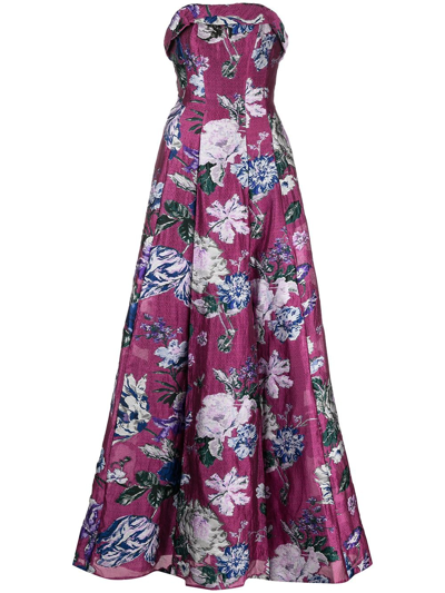 Marchesa Notte Multicolor Floral Strapless Gown W/ Pockets In Purple