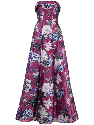 Marchesa Notte Multicolor Floral Strapless Gown W/ Pockets In Pink