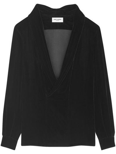 Saint Laurent Plunging V-neck Velvet Blouse In Noir