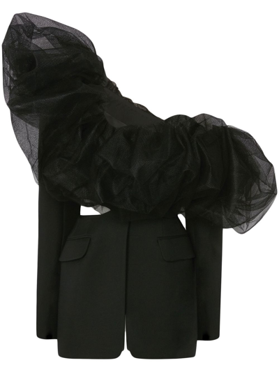 Alexander Mcqueen Tulle-embellished Off-the-shoulder Jacket In Black