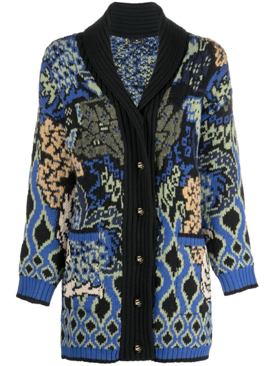 Etro Comet Floral-jacquard Wool-blend Cardigan In Blue