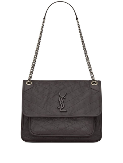 Saint Laurent Niki Medium Crinkled Glossed-leather Shoulder Bag In Grey