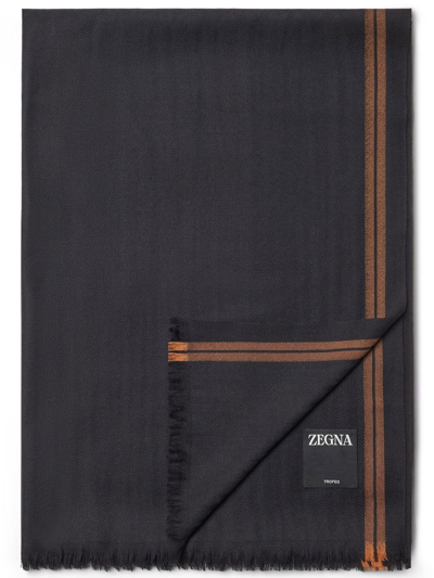 Zegna Striped-edge Frayed Scarf In Black