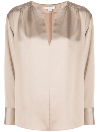 Vince Smock-detail Long-sleeve Blouse In Pale Nut