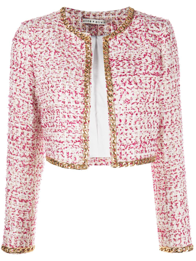 Alice And Olivia Kidman Cropped Embellished Tweed Jacket In Pink