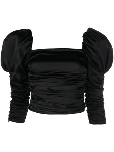 Alice And Olivia Katrice Ruched Puff-sleeve Top In Black