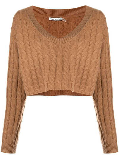 Alice And Olivia Ayden Cable-knit Cropped Jumper In Brown